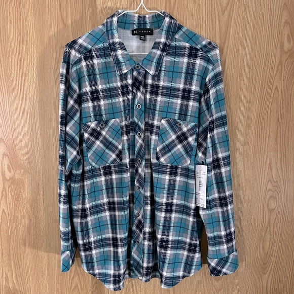 NWT Turquoise/Navy Plaid Stretch Button Down Casual Shirt Top - Picture 1 of 5